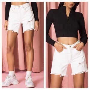 Levi's 501 High Rise Mid Thigh Shorts Button Fly in White Women's 25 Distressed